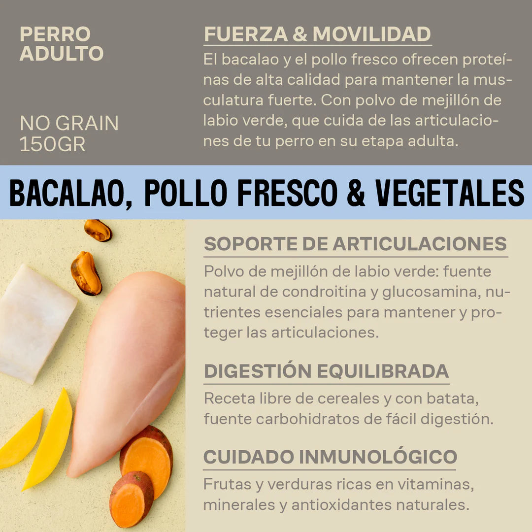 Comida húmeda natural - bacalao, pollo y vegetales