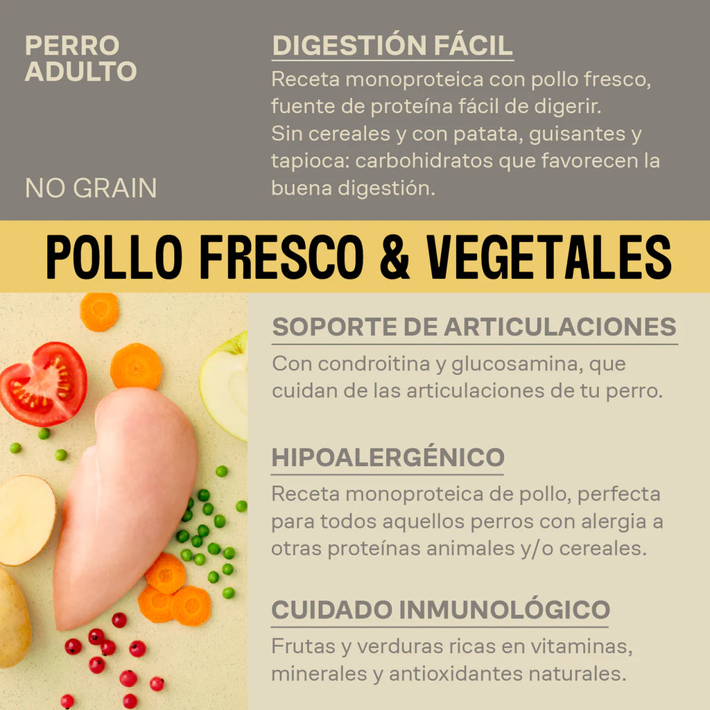Pienso natural adultos - Pollo y vegetales - 3 Kg